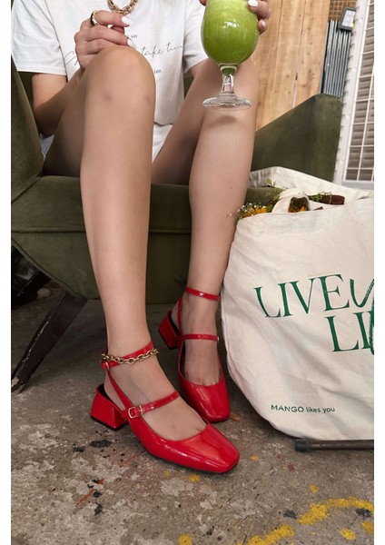 Notins Rugan Mary Jane Kadın Topuklu Ayakkabı Kırmızı