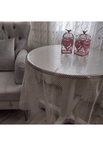Dantel Petek Desen Krem Renk Yuvarlak Masa Örtüsü 135CM Çap