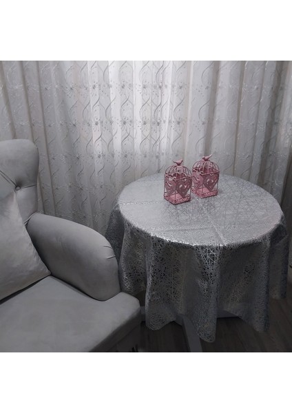 Dantel Ip Desen Gümüş Renk Yuvarlak Masa Örtüsü 135CM Çap