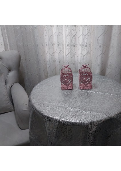 Dantel Ip Desen Gümüş Renk Yuvarlak Masa Örtüsü 135CM Çap modelleri