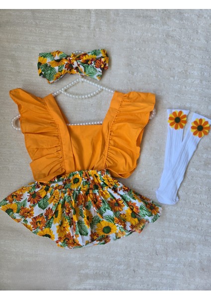 Kız Bebek Ayçiçeği Desen Fırfırlı Turuncu Slopet Bandana Keçeli Çorap 3'lü Set