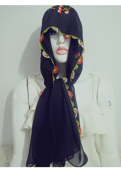 El Emeği Nakış Işlemeli Iğne Oyalı Namaz Örtüsü Çeyizlik Mevlit Başörtüsü Krep Kumaş 145X75 cm