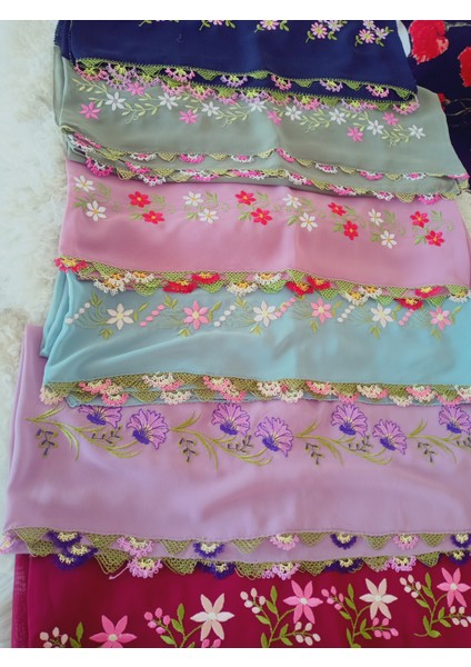 El Emeği Nakış Işlemeli Iğne Oyalı Namaz Örtüsü Çeyizlik Mevlit Başörtüsü Krep Kumaş 145X75 cm