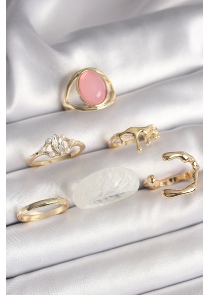 Pirinç Gold Renk Zirkon Taş Detaylı Pembe Mineli 6'lı Kadın Yüzük Seti