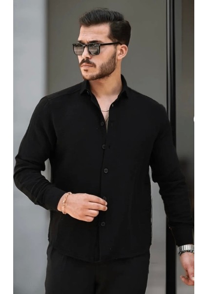 Erkek Müslin Kumaş Uzun Kol Yakalı Siyah Gömlek