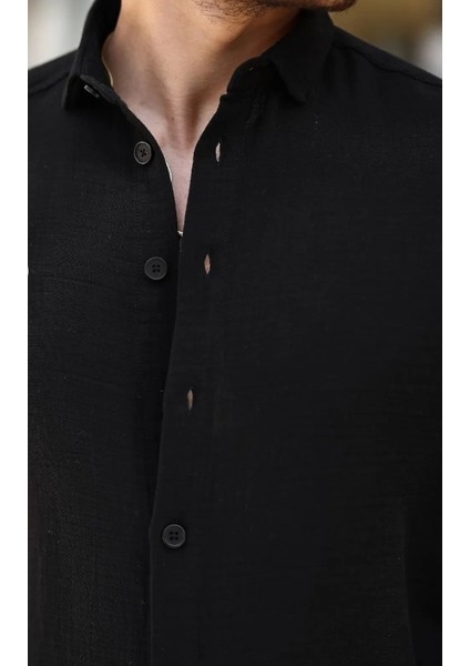 Erkek Müslin Kumaş Uzun Kol Yakalı Siyah Gömlek fiyatları