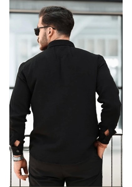 Erkek Müslin Kumaş Uzun Kol Yakalı Siyah Gömlek modelleri