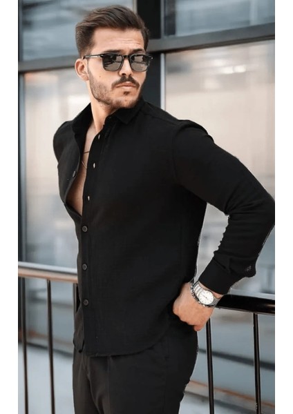 Erkek Müslin Kumaş Uzun Kol Yakalı Siyah Gömlek fırsatları
