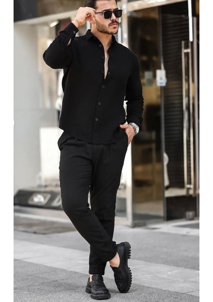 Erkek Müslin Kumaş Uzun Kol Yakalı Siyah Gömlek indirimleri