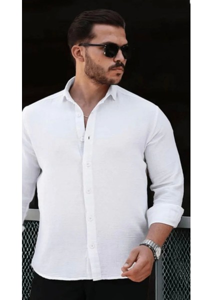 Erkek Müslin Kumaş Uzun Kol Yakalı Beyaz Gömlek
