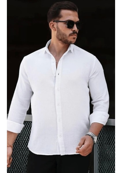 Erkek Müslin Kumaş Uzun Kol Yakalı Beyaz Gömlek modelleri
