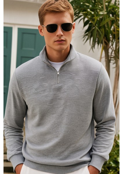 Pamuklu Erkek Sweatshirt Gri Soft Touch Relax Fit Yarım Fermuarlı Dik Yaka 3 Iplik Nefes Alan