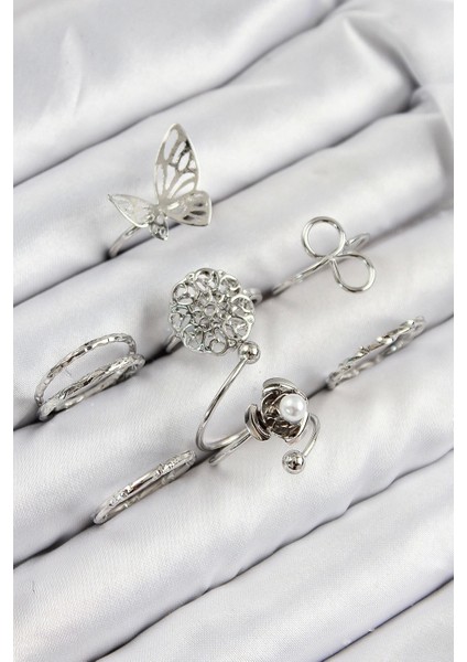 Pirinç Gül Kelebek Model Gümüş Renk Kadın Yüzük Kombin Set