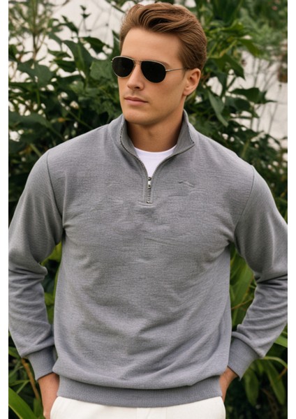 Pamuklu Erkek Sweatshirt Gri Soft Touch Relax Fit Yarım Fermuarlı Dik Yaka 3 Iplik Nefes Alan modelleri