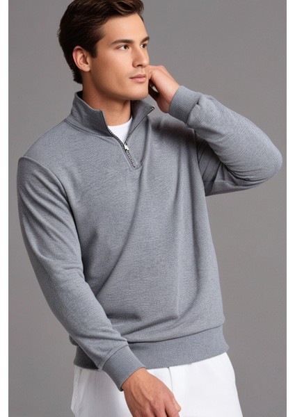 Pamuklu Erkek Sweatshirt Gri Soft Touch Relax Fit Yarım Fermuarlı Dik Yaka 3 Iplik Nefes Alan fırsatları