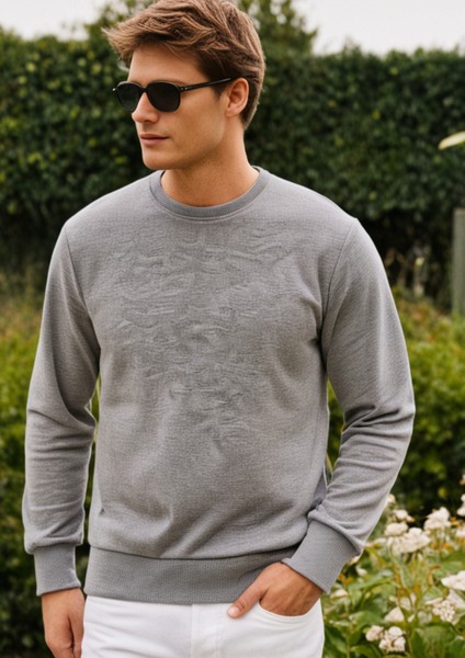 Pamuklu Erkek Sweatshirt Gri Soft Touch Relax Fit Basic Bisiklet Yaka 3 Iplik Nefes Alan