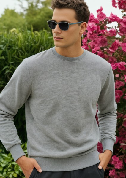Pamuklu Erkek Sweatshirt Gri Soft Touch Relax Fit Basic Bisiklet Yaka 3 Iplik Nefes Alan modelleri