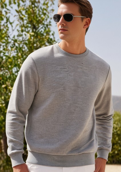 Pamuklu Erkek Sweatshirt Gri Soft Touch Relax Fit Basic Bisiklet Yaka 3 Iplik Nefes Alan indirimleri