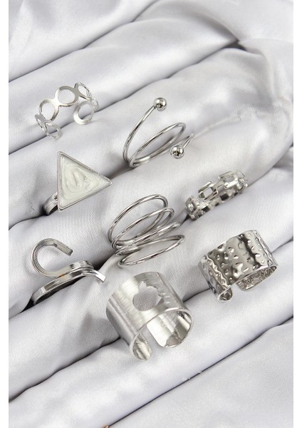 Pirinç Üçgen Model Gümüş Renk Kadın Yüzük Kombin Set