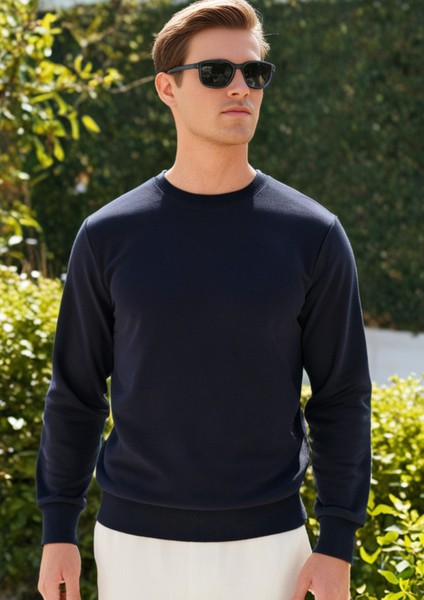 Pamuklu Erkek Sweatshirt Lacivert Soft Touch Relax Fit Basic Bisiklet Yaka 3 Iplik Nefes Alan