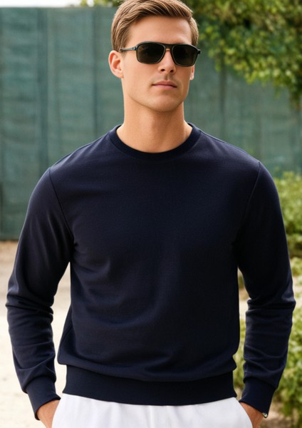 Pamuklu Erkek Sweatshirt Lacivert Soft Touch Relax Fit Basic Bisiklet Yaka 3 Iplik Nefes Alan indirimleri