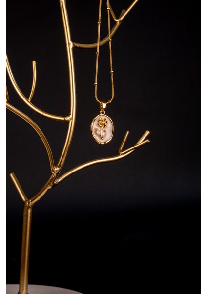 Sedefli, Gül Model, Dorika Zincir, Gold Renk, Şık ve Zarif, Paslanmaz Çelik Kolye fiyatları