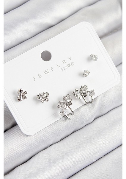 Pirinç Zirkon Taşlı Kelebek Model Gümüş Renk 925 Ayar Gümüş Çivi Kadın Küpe Set