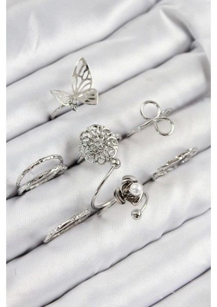 Pirinç Gül Kelebek Model Gümüş Renk Kadın Yüzük Kombin Set