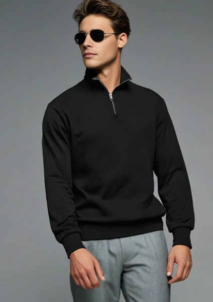 Pamuklu Erkek Sweatshirt Siyah Soft Touch Relax Fit Yarım Fermuarlı Dik Yaka 3 Iplik Nefes Alan