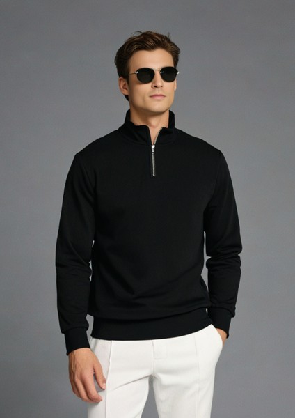 Pamuklu Erkek Sweatshirt Siyah Soft Touch Relax Fit Yarım Fermuarlı Dik Yaka 3 Iplik Nefes Alan modelleri