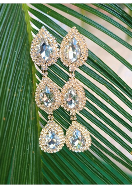 Sarı Renk Zirkon Taşlı Lüks Abiye Küpe