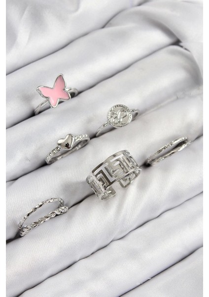 Pirinç Kelebek ve Kalp Model Gümüş Renk Kadın Yüzük Kombin Set