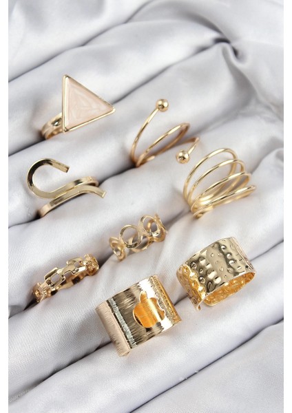 Pirinç Üçgen Model Gold Renk Kadın Yüzük Kombin Set