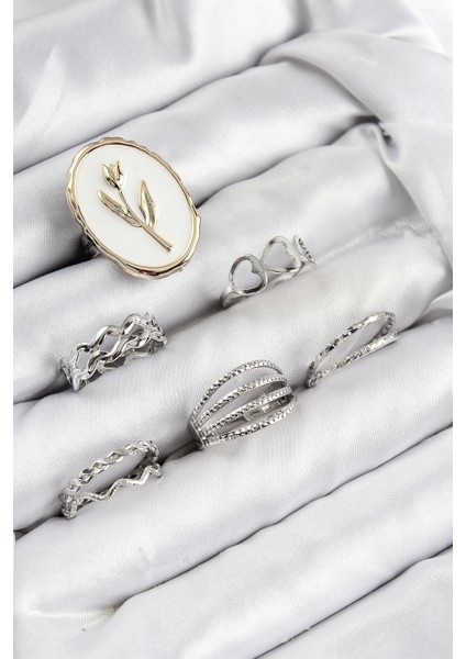 Pirinç Zirkon Taşlı Lale Model Gümüş Renk Kadın Yüzük Kombin Set