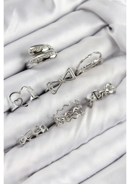 Pirinç Zirkon Taşlı Fiyonk ve Kalp Model Gold Renk Kadın Yüzük Kombin Set