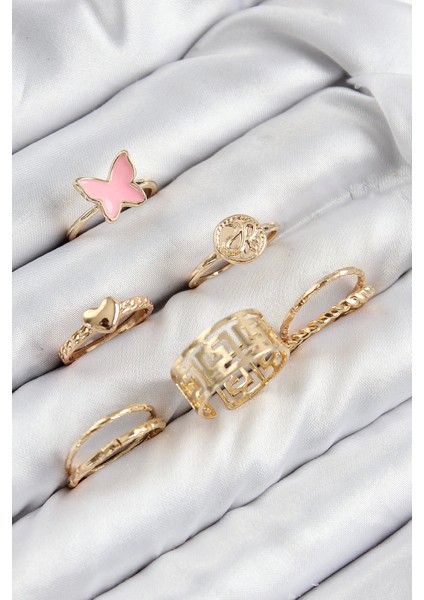 Pirinç Kelebek ve Kalp Model Gold Renk Kadın Yüzük Kombin Set