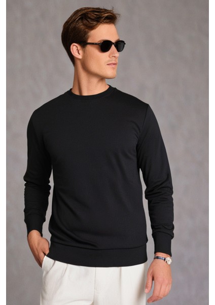Pamuklu Erkek Sweatshirt Siyah Soft Touch Relax Fit Basic Bisiklet Yaka 3 Iplik Nefes Alan fırsatları