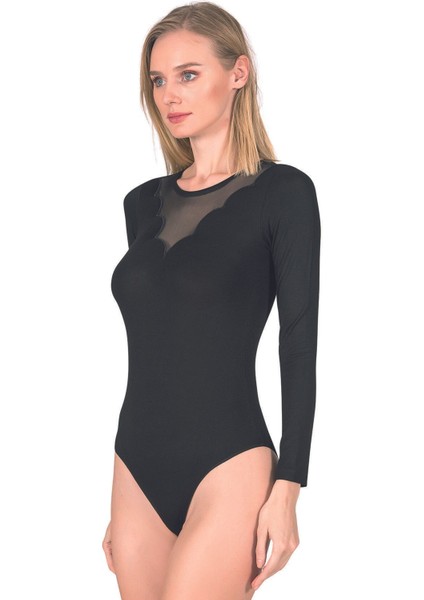 Kadın Viskon Uzan Kollu Tül Detaylı Esnek Rahat Kancalı Çıtçıtlı Body fiyatları