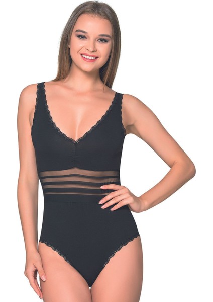 Kadın Pamuklu Süprem Tül Detaylı Önü Büzgülü Dantelli Çıtçıtlı Kancalı Body
