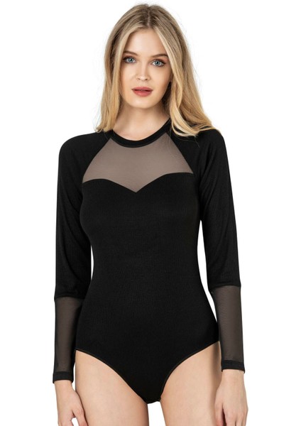 Kadın Siyah Uzun Kollu Tül Detaylı Viskon Kaşkorse Fitilli Esnek Yumuşak Örme Çıtçıtlı Body