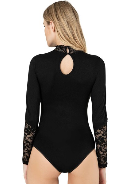 Kadın Viskon Esnek Yumuşak Yakası ve Kolları Dantel Dik Yaka Uzun Kollu Kancalı Çıtçıtlı Örme Body fiyatları