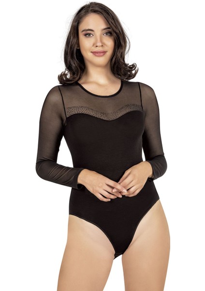 Kadın Viskon Uzan Kollu Tül Detaylı Esnek Rahat Kancalı Çıtçıtlı Body