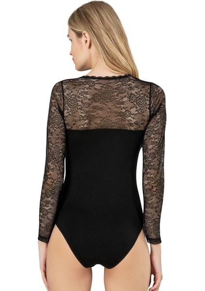 Kadın Premium Esnek Kumaş Viskon Dantel Tül Detaylı V Yaka Uzun Kollu Kancalı Çıtçıtlı Body Zıbın fiyatları