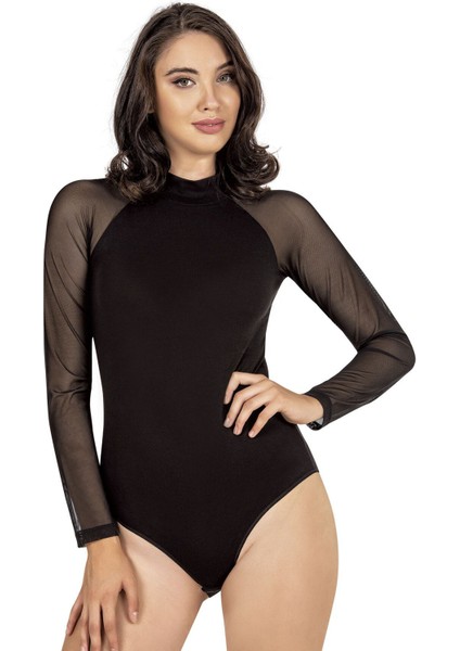 Kadın Ring Viskon Yarım Balıkçı Yaka Tül Detaylı Uzun Kollu Kancalı Çıtçıtlı Body