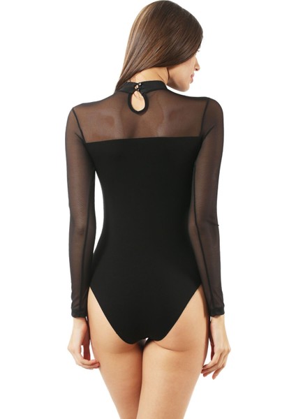 Kadın Pamuklu Önü Tül Detaylı Uzun Kollu Yarım Balıkçı Yaka Kancalı Çıtçıtlı Body Zıbın fiyatları