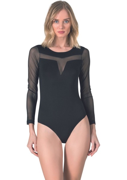 Kadın Viskon Uzan Kollu Tül Detaylı Esnek Rahat Kancalı Çıtçıtlı Body