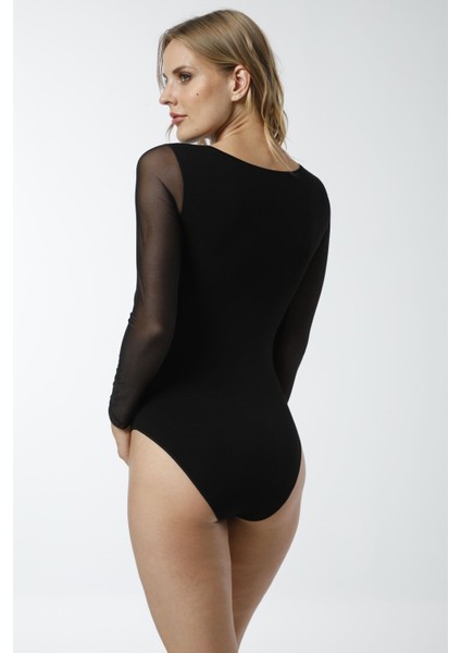 Kadın Viskon Uzan Kollu Tül Detaylı Esnek Rahat Kancalı Çıtçıtlı Body fiyatları