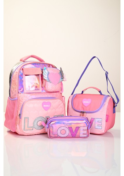 5780 Kız Çocuk Pembe 3’lü Okul Seti (Büyük Çanta + Beslenme Çantası + Kalemlik) – Love Desenli