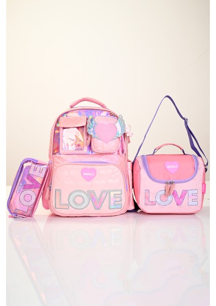 5780 Kız Çocuk Pembe 3’lü Okul Seti (Büyük Çanta + Beslenme Çantası + Kalemlik) – Love Desenli fiyatları
