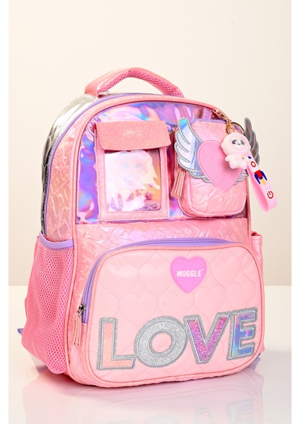 5780 Kız Çocuk Pembe 3’lü Okul Seti (Büyük Çanta + Beslenme Çantası + Kalemlik) – Love Desenli modelleri